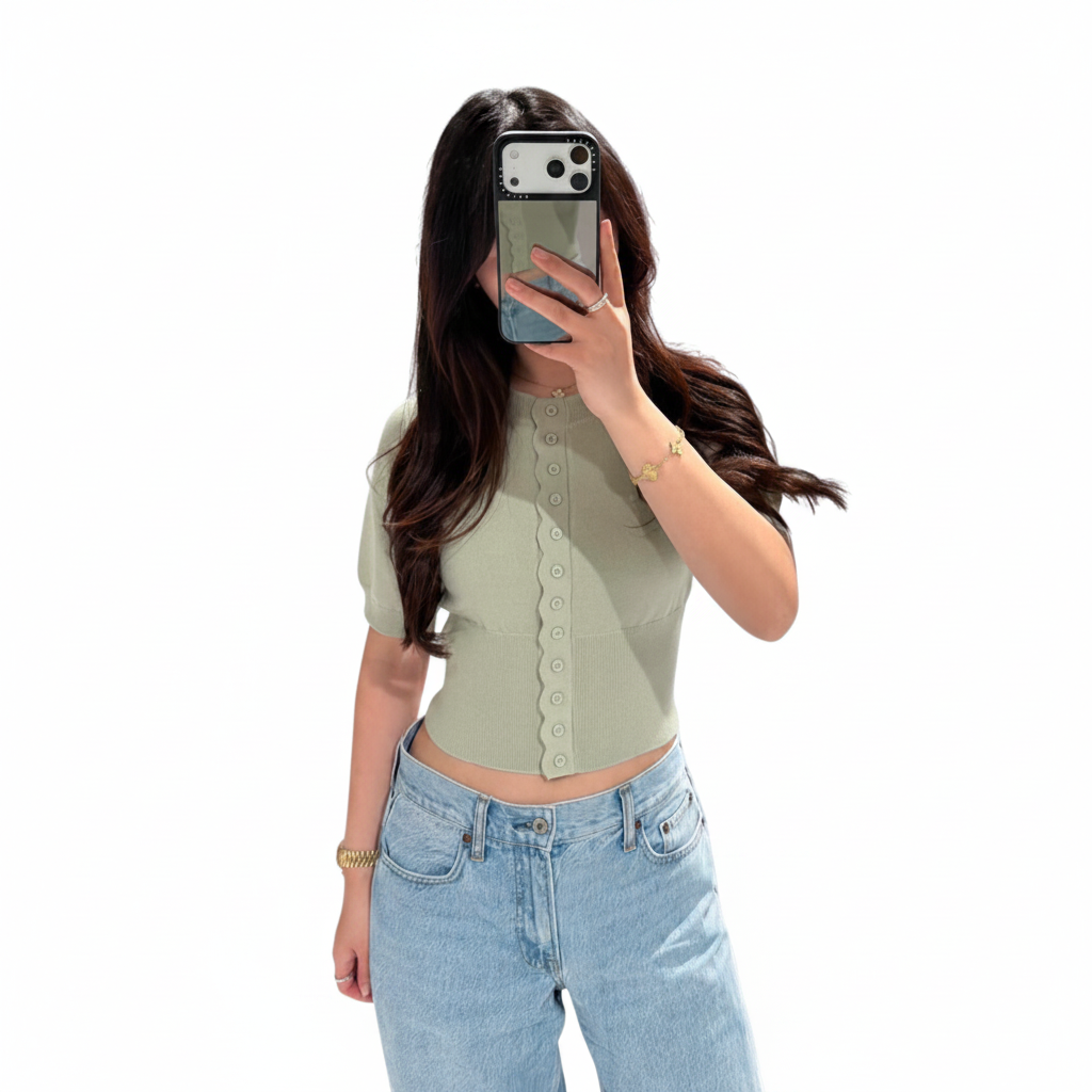 Sage green ribbed scallop crop cardigan – vierkant productfoto