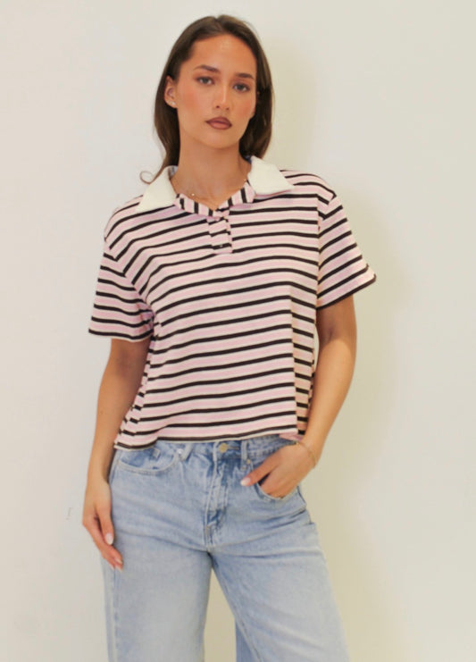 Striped Polo Top – Pink/Black