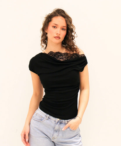 Off-Shoulder Kanten Top – Zwart