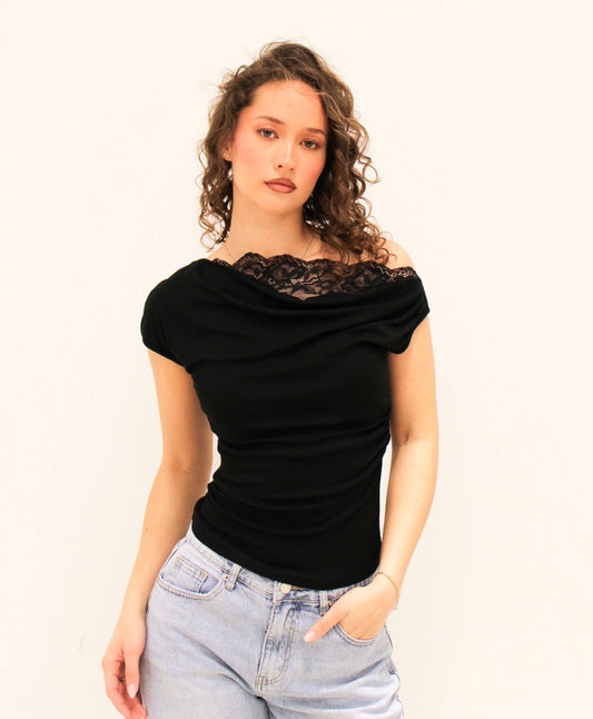 Off-Shoulder Kanten Top – Zwart
