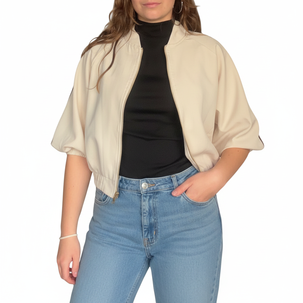 Cropped Zip Jacket Beige - voorkant