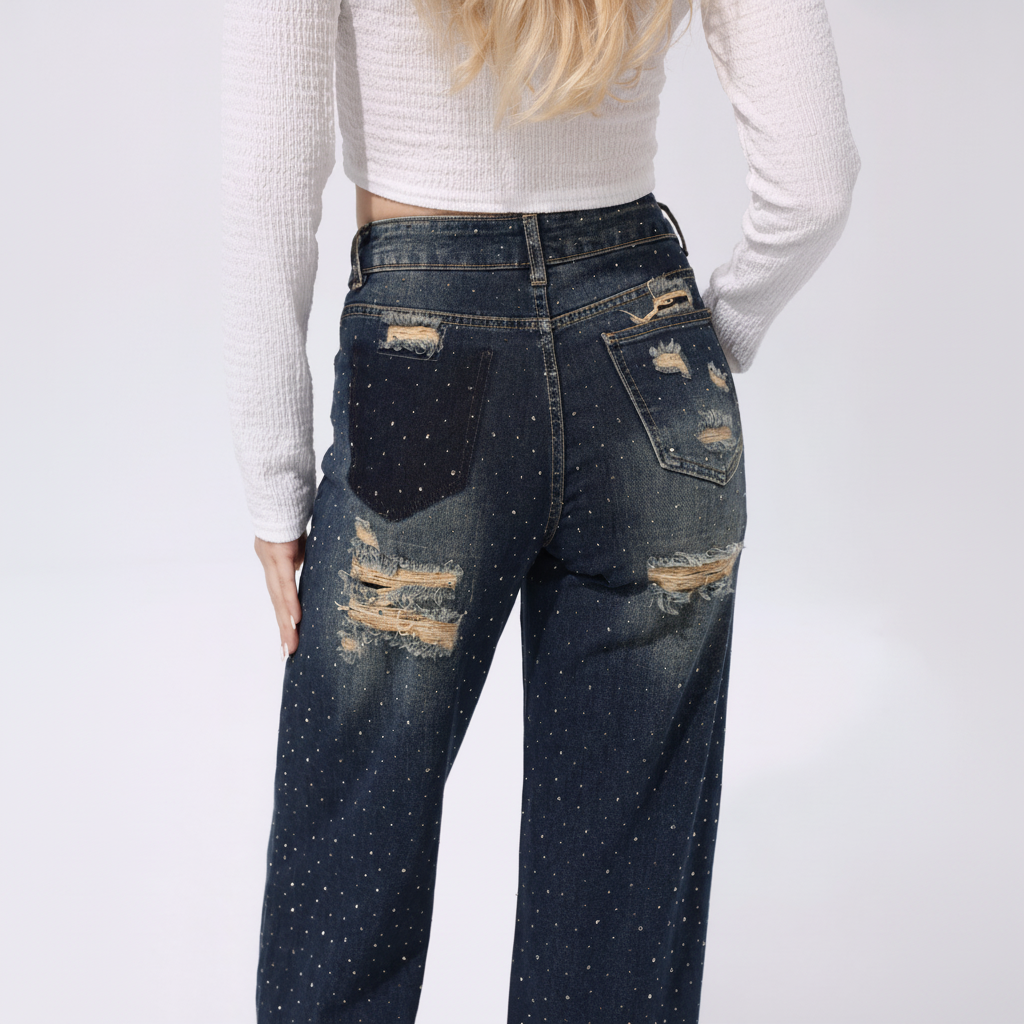 Rhinestone wide leg jeans achterkant close-up
