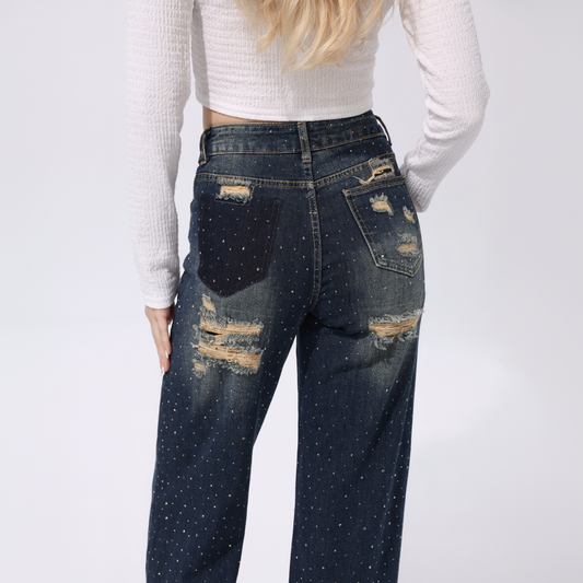 Rhinestone wide leg jeans achterkant close-up