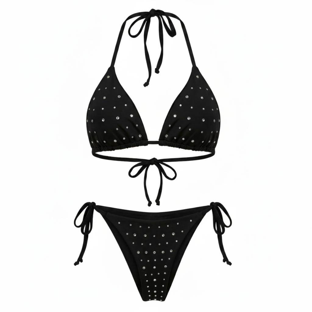 Zwarte rhinestone triangle bikini – vierkante productfoto