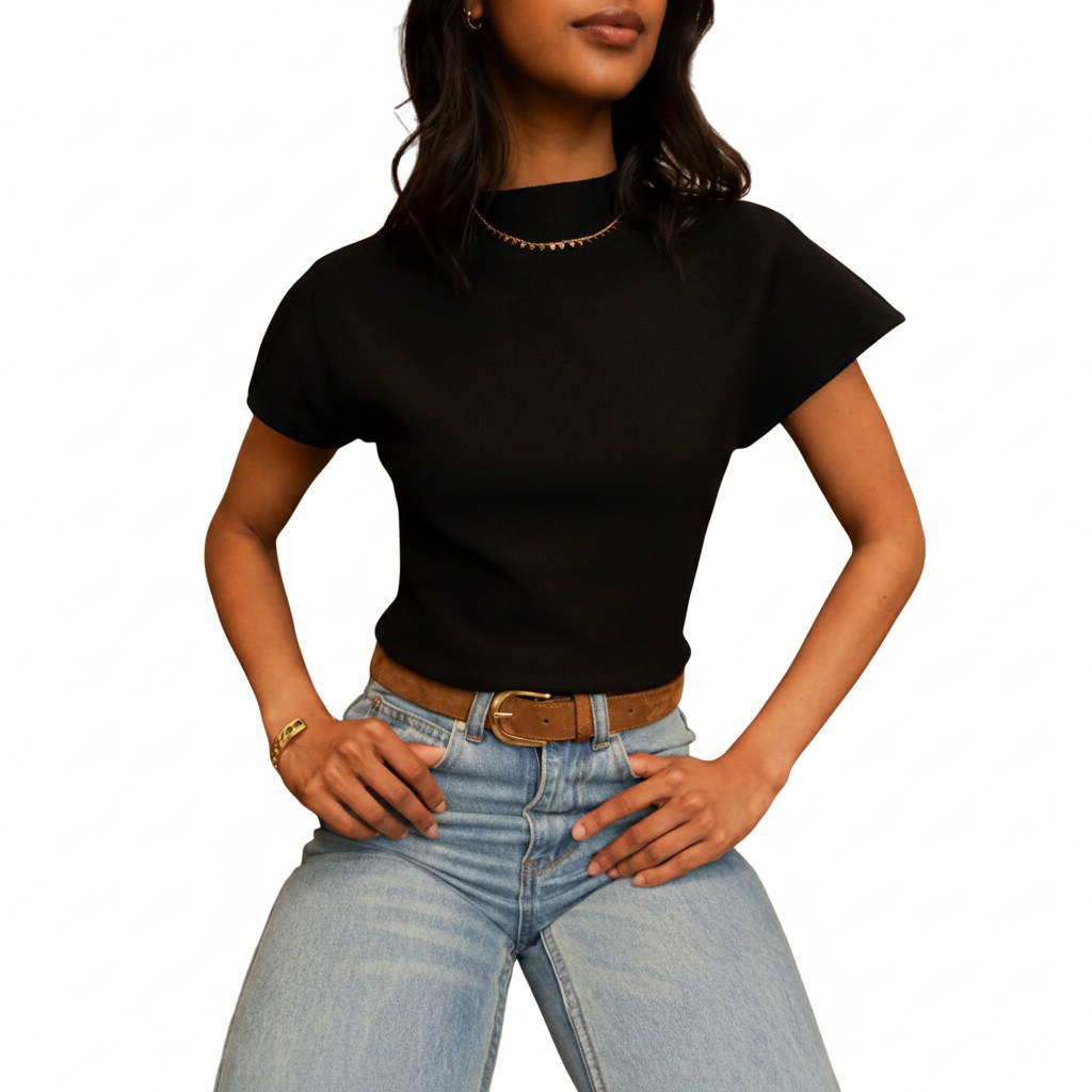 Zwarte crop top met mock-neck en korte mouwen