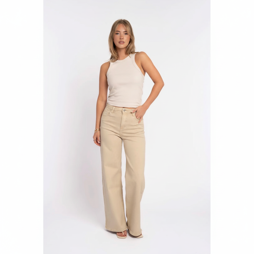 Wide leg broek beige - vooraanzicht