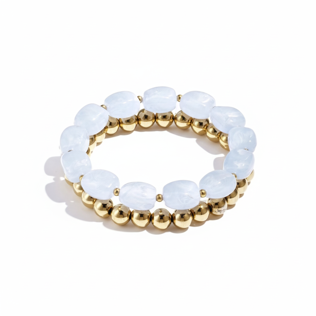 Witte steen en gouden kralen armbanden set