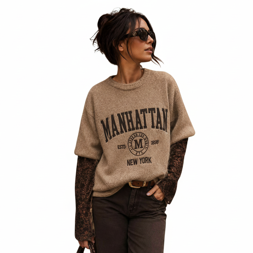 Manhattan New York oversized top met kanten mouwen taupe