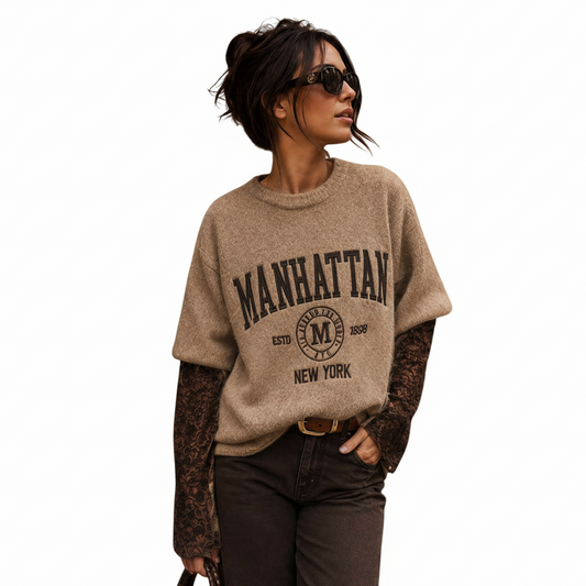 Manhattan New York oversized top met kanten mouwen taupe